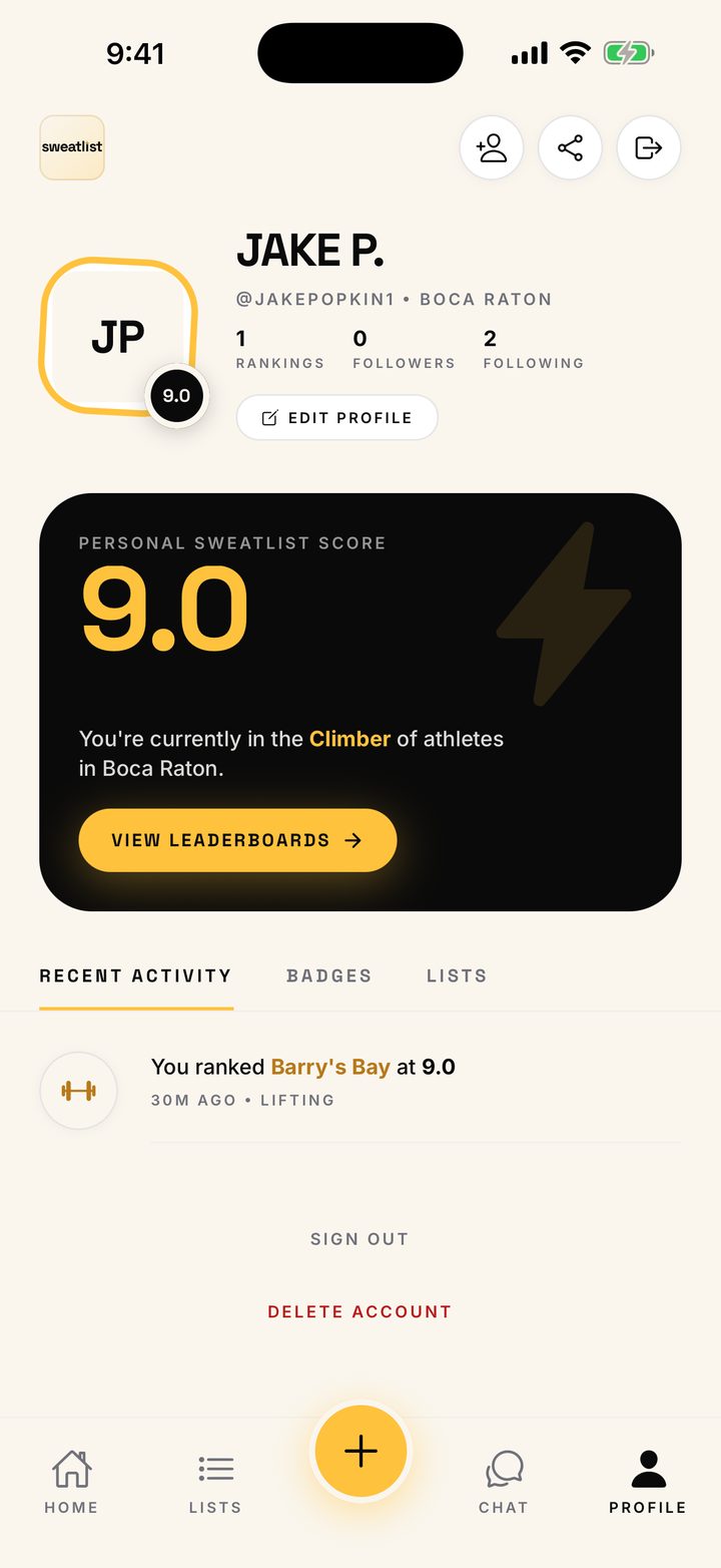 Sweatlist profile showing a 9.0 Sweatlist Score